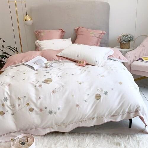 Cotton Bedding Set Girly Heart Pink 60 Long-staple Cotton Duvet Cover Sheet Four-piece Embroidered Princess Style Simple Bedding