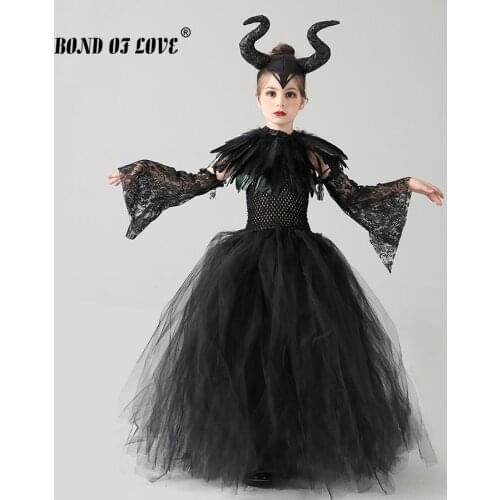 Halloween Costume for Kids Black Devil Tutu Costume Gothic Girls Fancy Tutu Dress with Feather Shawl Cosplay Costume