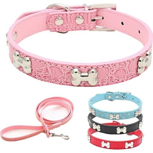 Pet Dog Collar Leash Leather Cat Chain Red Blue Luxury Glossy Crocodile Bone Rivet for Small Medium Perro Chihuahua Pug Teddy
