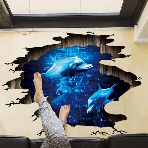 Creative 3D Wall Sticker Kids Bedroom Ceiling Decor Ocean Dolphin Mural Bathroom Waterproof Living Room Decoration Floor Sticker
