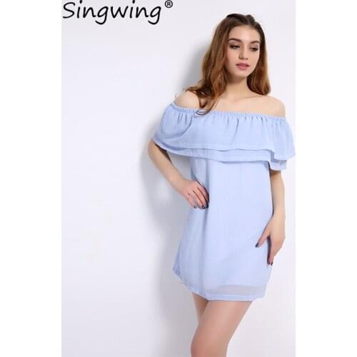 Singwing Off the shoulder Summer Women Dress Sexy Slash Neck double Cascading Ruffle Dresses Solid Pink Chiffon Dresses