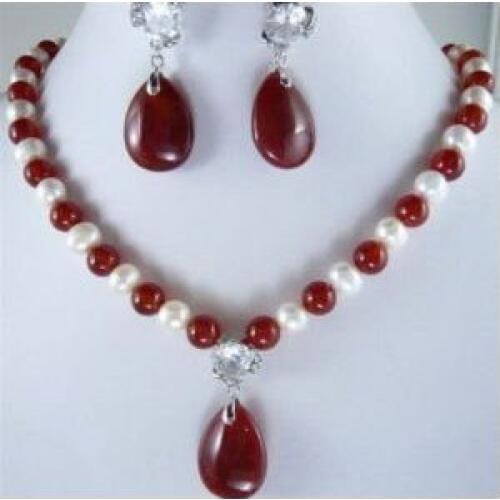 Pretty silver white pearl red jades necklace earring set Fashion Free shipping