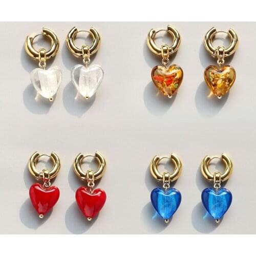 Minar Romantic Clear Red Blue Color Glaze Heart Pendant Earring Brass Gold Hooks Multicolor Glass Love Drop Dangle Earrings Gift