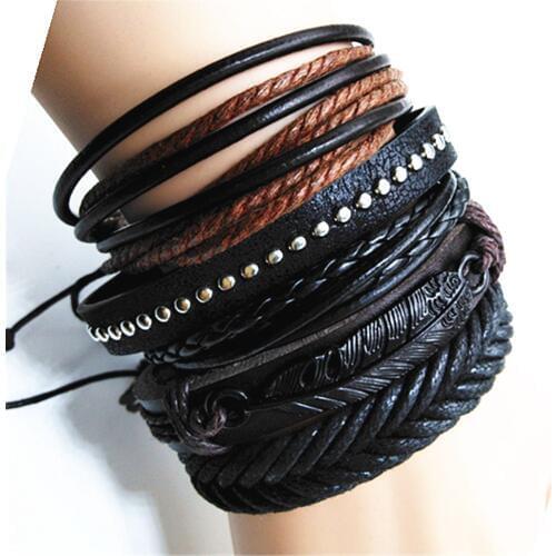 Feather Multilayer Rope Black Ethnic Handmade Charm Brown Bronze Leather Men Bracelets Women Fashion Bangle male Jewelry
