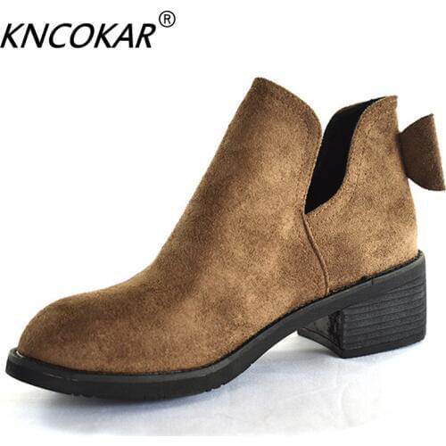 KNCOKAR The 2018 Autumn Winter New Fashion Short Tube Bowknot Retro Womens Shoes Chunky And Womens Martin Boots x1023