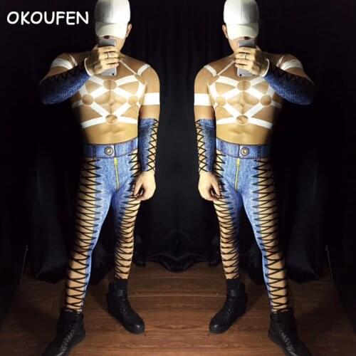 New Sexy blue cutout Ds costumes nightclub bar male singer dance wear Party show stage performance clothing