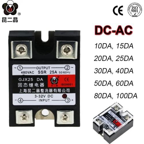 SSR-50DA 25DA 100DA 80DA Single Phase Heat Sink DC Control AC 24-480VAC 3-32VDC SSR GJX 15A 30A 40A 60A Solid State Relay