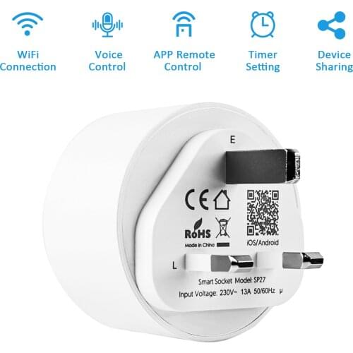 13A 2990W Mini WiFi Smart Socket UK Plug Smart Outlet APP Remote Control Timer Function Voice Control Google/Alexa/ IFTTT