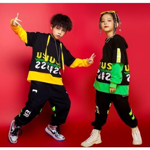 Hip Hop Kids Dance Clothes Hooded Sweater Green Splicing Tops Jazz Street Dance Practice Clothing Stage Hip Hop Costume BL5230