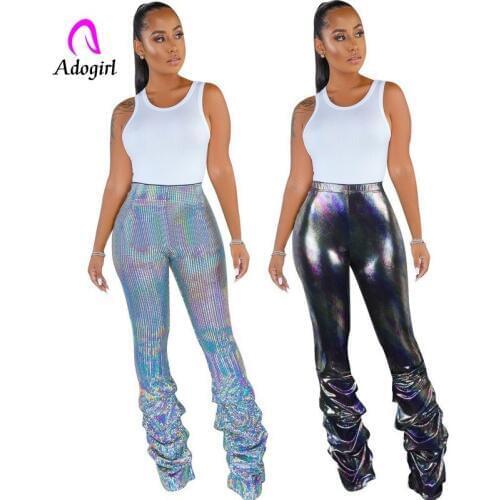 Silver Elegant Women Skinny Pants Sequin Shiny High Waist Bodycon Flare Trousers Sexy Night Club Party Pants Streetwear Outfits