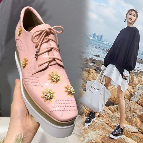 Thick-soled womens shoes square head double muffin bottom womens high-heeled shoes wedge leather stitch line female shoes