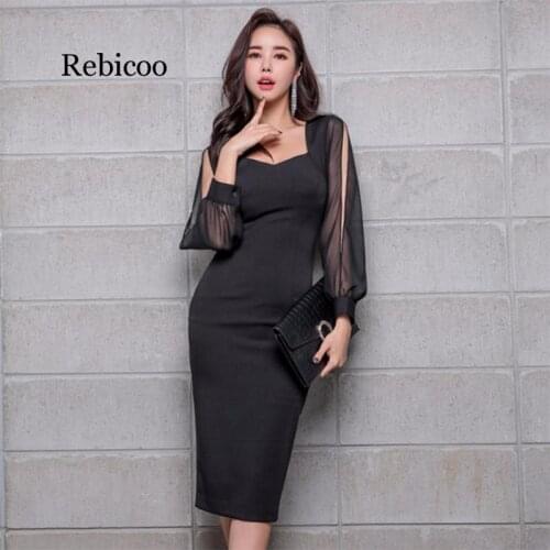 New spring autumn Square Collar Hollow Out Solid Black Pencil Dress Women Lantern Sleeve OL Dress Vestidos