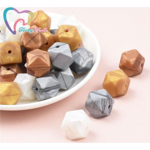 10 PCS 14-17 MM Metallic Hexagon Chunky Silicone Teething Beads Food Grade Nursing Pendant Baby Chewable Geometry Baby Beads