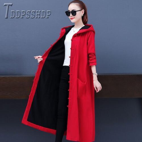 2019 Retro Ethnic Women Coat Winter Long Style Lining With Fluff Female Trench Overcoat