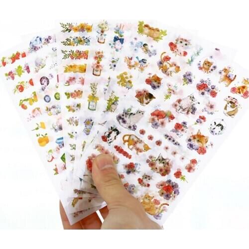 6 Sheets Flower Series Sticker Set Cute Cat Bird Fruit Perfume Diamond Stickers Decoration for Album Diary Frame School 6956