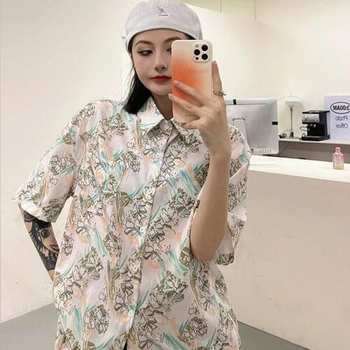 Florals Blouse Shirt Women 2021 Summer Harajuku Shirt Loose Short Sleeve Ladies Sandy Beach Tops Shirt vintage Blusas Clothing