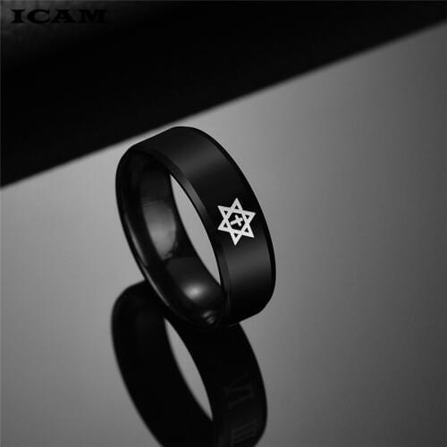 ICAM 2019 New Black Titanium Steel Pentagram Star of David Cross Ring Mens Women Wedding Band Israel Jewish Jewelry