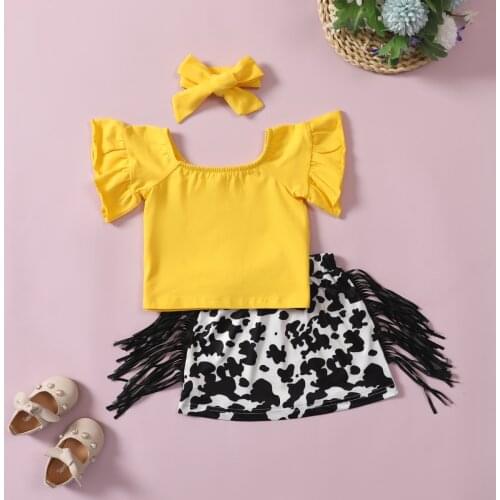 FOCUSNORM 2-7Y Summer Fashion Kids Girls Clothes Sets Ruffles Sleeve Solid T Shirts Leopard Tassel Shorts Headband 3pcs