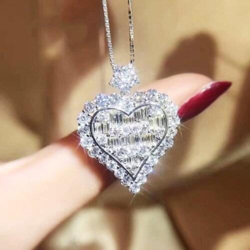 Luxury Female Crystal Heart Jewelry Set Charm Silver Color Dangle Earring For Women Cute Zircon Wedding Ring Chain Necklace