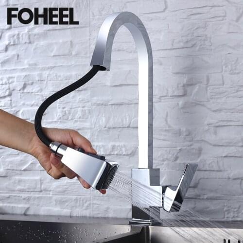 FOHEEL Kitchen Faucets Pull Out Tap Single Hole Handle Solid Brass Black Swivel 360 Degree Water Mixer Good Design