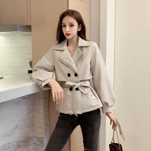 Spring Autumn Big Button Double- Breasted Belt Loose Turn-Down Collar Outerwear Women Lady Female Pu Jacket