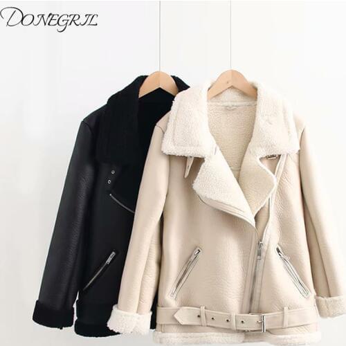 Autumn Winter Style Womens Loose Faux Leather Patchwork Lamb Keep Warm Thick Jacket Coat Turn-down Collar with Belt