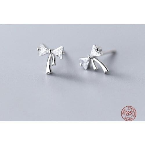 LKO 925 Sterling Silver Simplicity Girls Bowknot Inlaid Zircon Stud Earrings For Women Engagement Party Jewellery Accessories