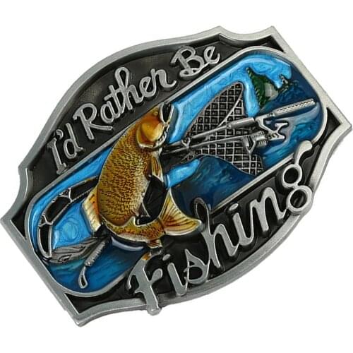 Mens Cool Vintage Classic Personality Golden Fishing Fisherman Black&Silver Belt Buckle with I'd Rather Be Fishing Letters