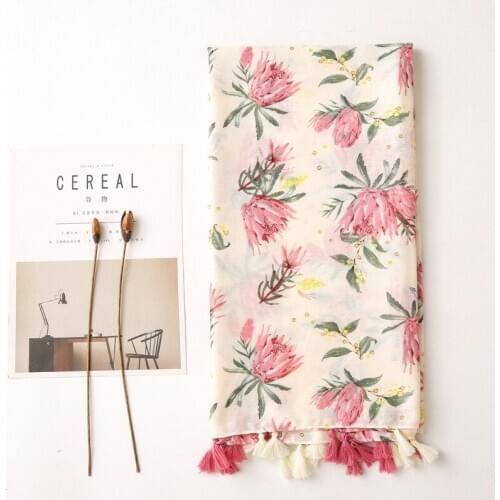 2020 New Beautiful Cotton Flower Pattern Tassel Scarf Shawls Soft Women Blossom Floral Print Hijab Scarves Free Shipping