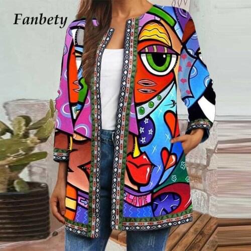 Autumn Vintage Cartoon Printed Women Coats Winter Cotton Open Stitch Tops Outerwear Casual O Neck Ethnic Cardigan Female Jackets