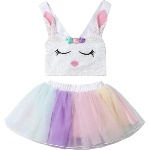 Easter Baby Girls Kids Rabbit Sleeveless Tank Top Rainbow Colorful Tulle Mesh Skirt Fancy Tutu Skirts Cosplay Costume Dress