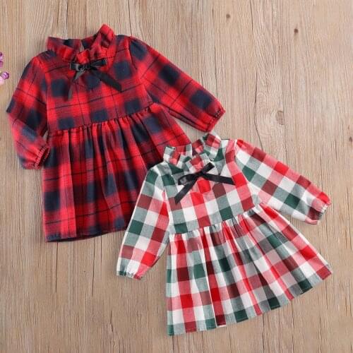 2021 0-5Y Xmas Baby Girls Dress Autumn Clothing England Style Plaid Stand-Collar Bow Long-Sleeve High-Waist Zipper Pleated Dress