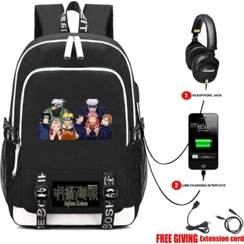 Anime jujutsu kaisen backpack USB charging Headphone jack Students bookbag Men Teenage Laptop backpack travel bag