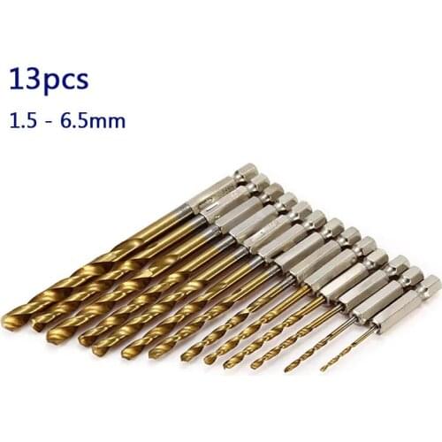 13pcs/ set) 1.5-6.5mm HSS Hex Shank Drill Bit Hexagonal Tail Titanium Coated Drill Bits for PCB Wood Aluminum Drilling Tool