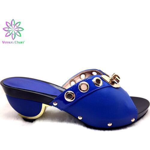 Latest Blue Color Women Slipper Elegant Italian Women Sandals Shoe for Party African Wedding Low Heels Slip on Women Pumps Shoes