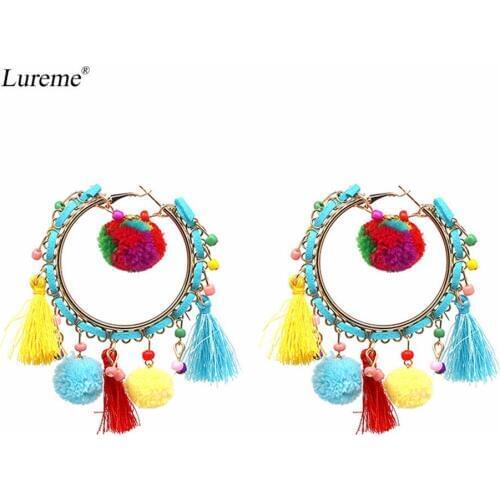 Lureme Bohemia Pom Pom C Sharp Hook Dangle Tassel Earrings 3 Colors for Women (er005668)