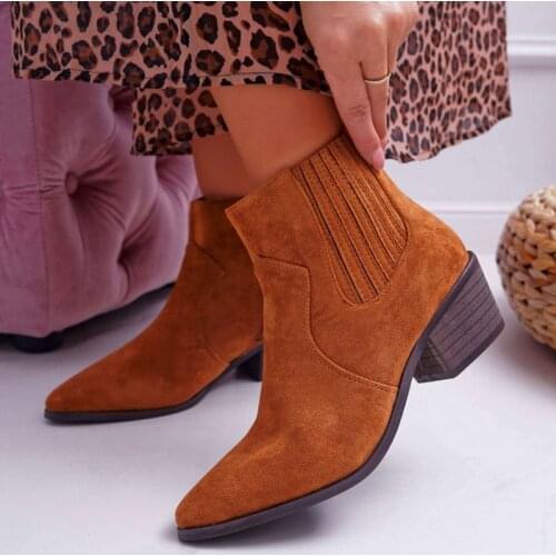 Women Chelsea Boots Pointed Toe Cow Leather Suede Western Ankle Boots Womens Shoes Casual Mid Heels Zipper Cowboy Knight Boots