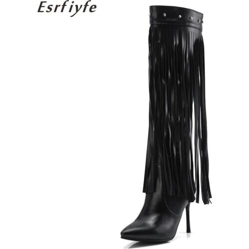 ESRFIYFE 2020 New Autumn Winter Knee High Boots Thin High Heels Pointed Toe Shoes Woman Casual Fringe Rivet Long Boots Women