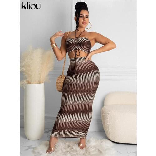 Kliou Aesthetic Print Two Piece Set Women Skirt Sexy Ribbons Lace Sleeveless Strapless Vest Top+Side Slit Sheath Slim Party Wear