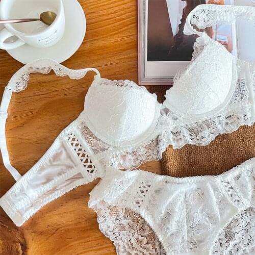 Plus size ladies lingerie lace embroidery womens underwear sexy small chest gathered adjustable bra panties set