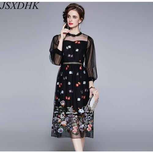 New Autumn Luxury Mesh Dress 2021 High Quality Women O Neck Floral Embroidery Tulle Lantern Sleeve Hollow Out Black Midi Vestido