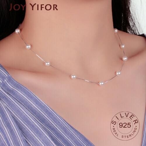 925 sterling Silver 12 PCS 6mm Pearl Box Chain Choker Necklace kolye collares bijoux femme