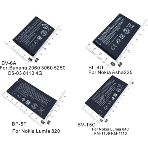 Phone Battery BL-4UL BP-5T BV-T5C BV-6A For Nokia Asha 225 T5C Lumia 640 RM-1073 5T 820T 4UL 6A 2060 3060 Battery