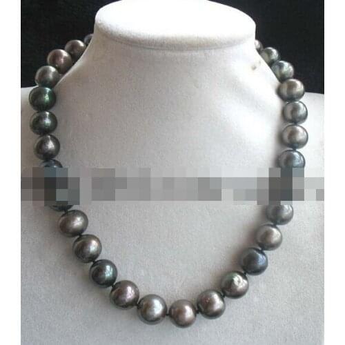 Free shipping Bigger! freshwater pearl black near round beads 12.5-14mm necklace