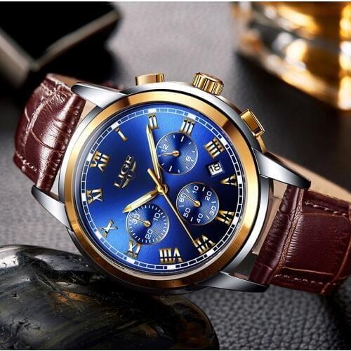 LIGE Gold Watch Men Fashion Business Quartz Clock Men’s Watches Top Luxury Waterproof Leather Military Watch Relogio Masculino