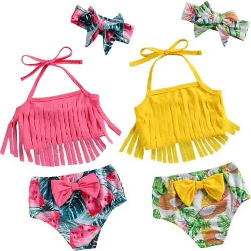 Kid Three-piece Swimsuit with Tassel Decoration Bow Headband Tropical Fruit Print Seaside Clothing Swimwear Bathing Suit