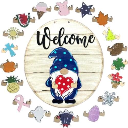 Welcome Sign Hanger Faceless Doll Wall Sticker Porch Pendant Listing DIY Handmade Interchangeable Home Decorative Wooden Gnome