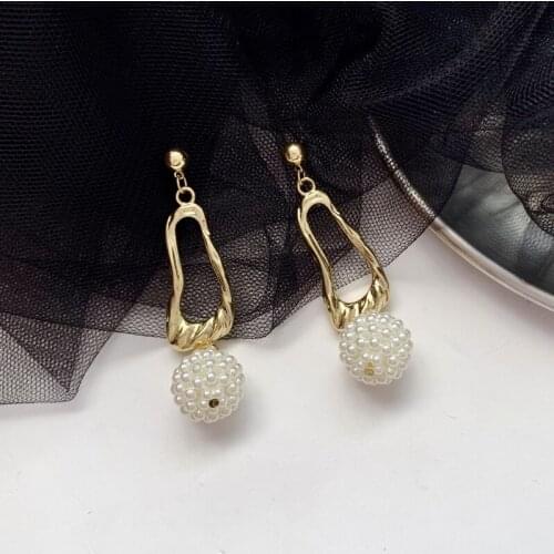 Simulated-pearls Beads Irregular Korean Clip on Earrings Women Long Hand Made Statement Earrings