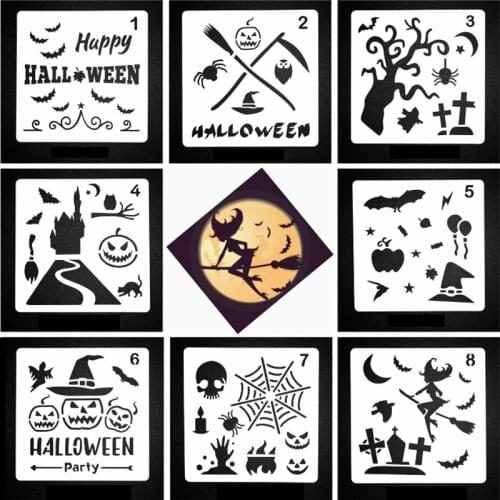 8PC Happy HALLOWEEM Painting Template Diy Album Scrapbooking Diary Stamp Decorative Coloring Embossing Stencils Reusable 13cm