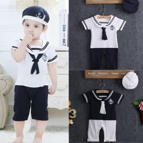 Newborn Baby Boy Clothes Sailor Collar Romper Bodysuit Toddler Playsuit Hat Outfit Set Casual Clothes